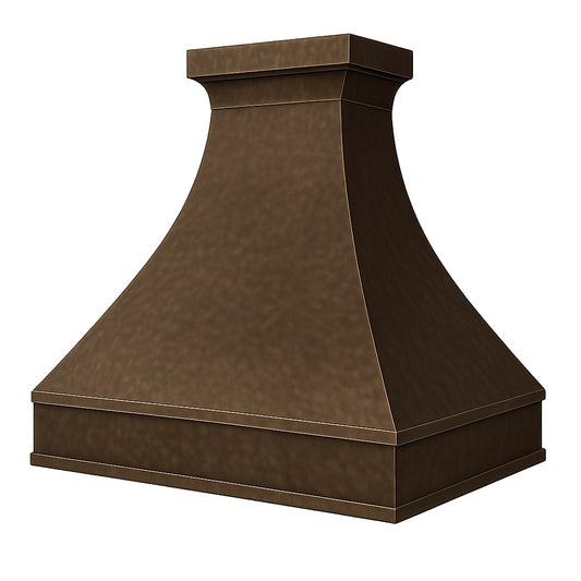 Hammered copper range hood with trapezoid design side view