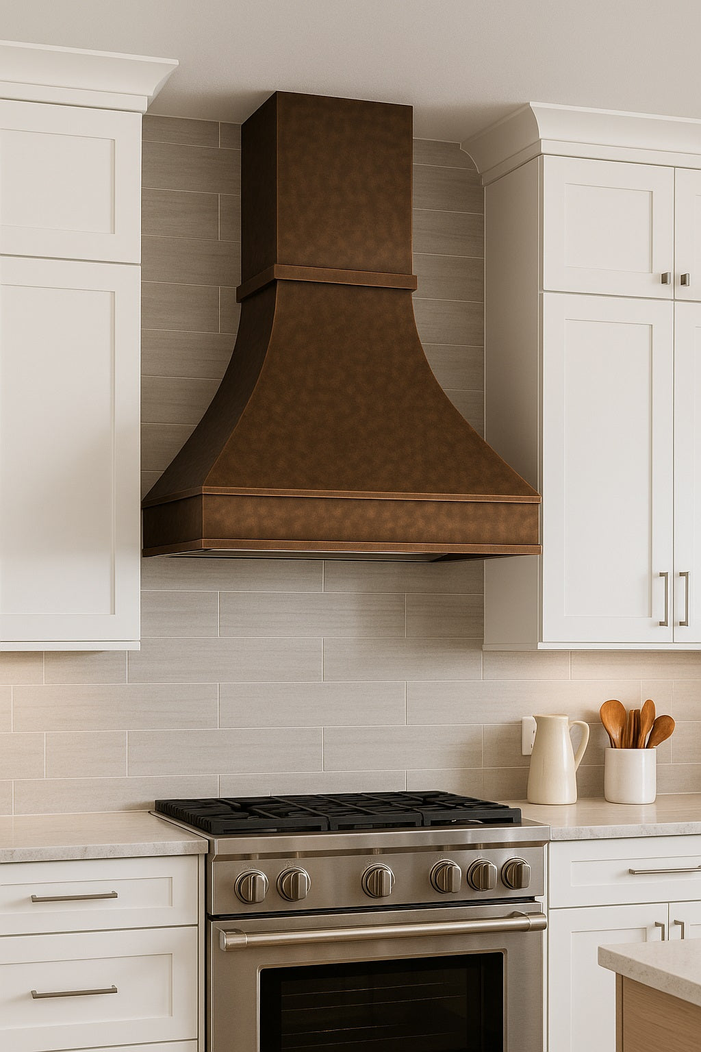 Hammered copper range hood with trapezoid design in a traditional kitchen