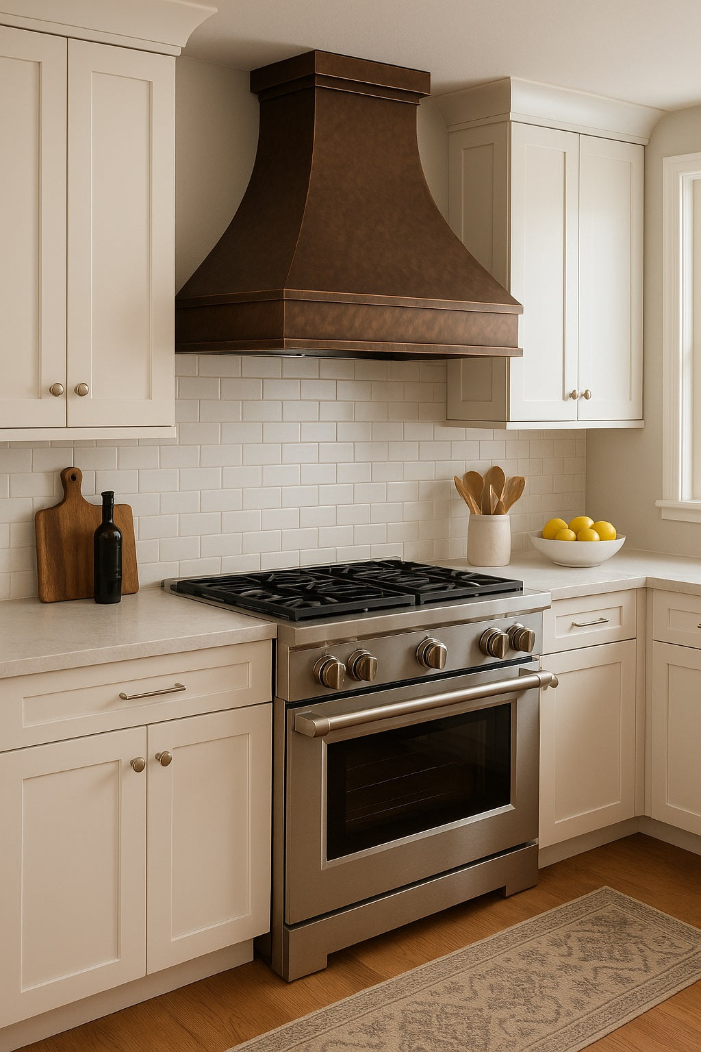 Hammered copper range hood with trapezoid design in a transitional kitchen