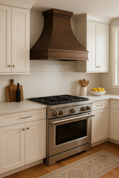 Hammered copper range hood with trapezoid design in a transitional kitchen