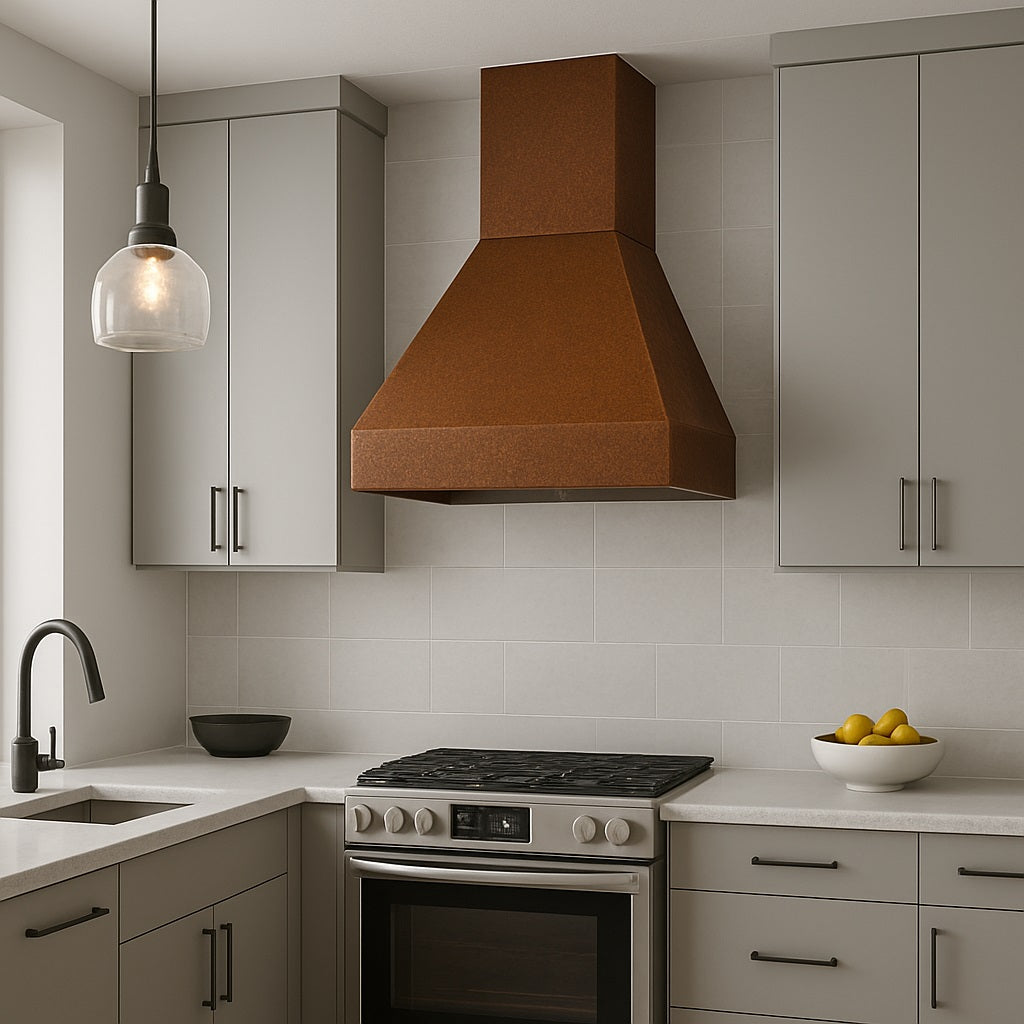 Hammered copper range hood with trapezoid shape in a modern style kitchen settings