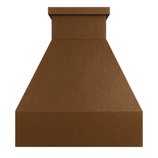 Hammered copper range hood with trapezoid shape front view