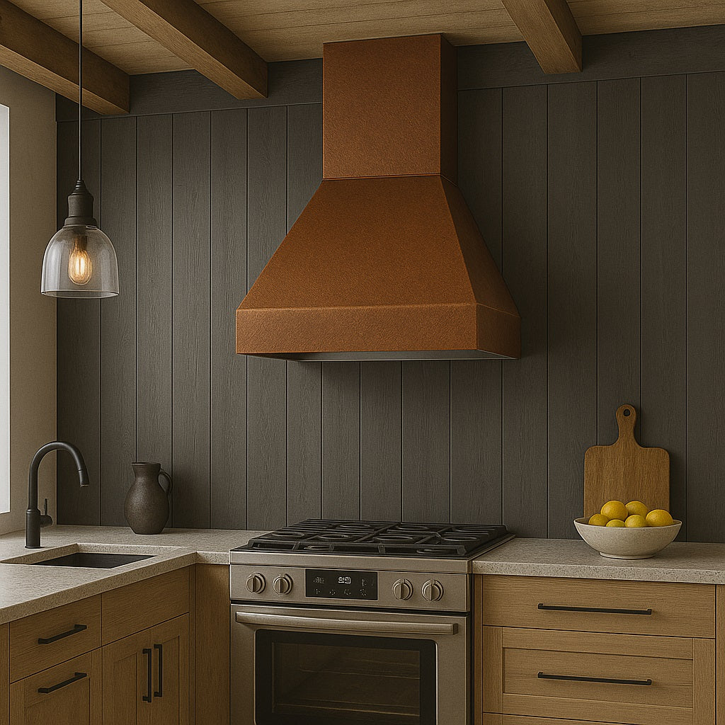 Hammered copper range hood with trapezoid shape in a Scandinavian minimalist kitchen