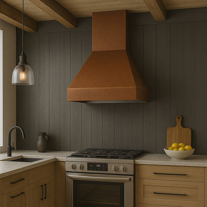Hammered copper range hood with trapezoid shape in a Scandinavian minimalist kitchen