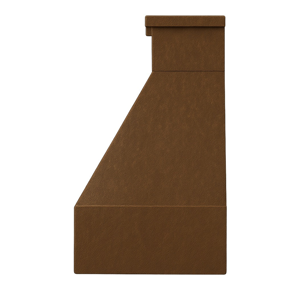 Hammered copper range hood with trapezoid shape profile view