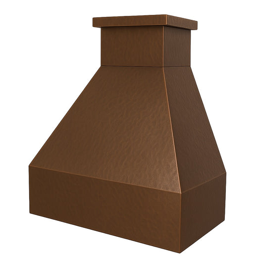 Hammered copper range hood with trapezoid shape seen from the side