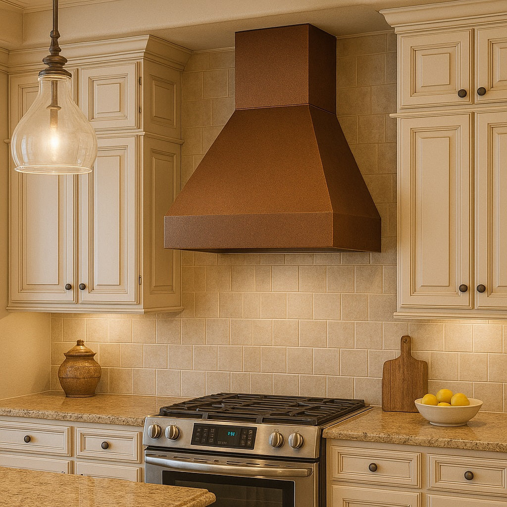 Hammered copper range hood with trapezoid shape in a traditional style kitchen
