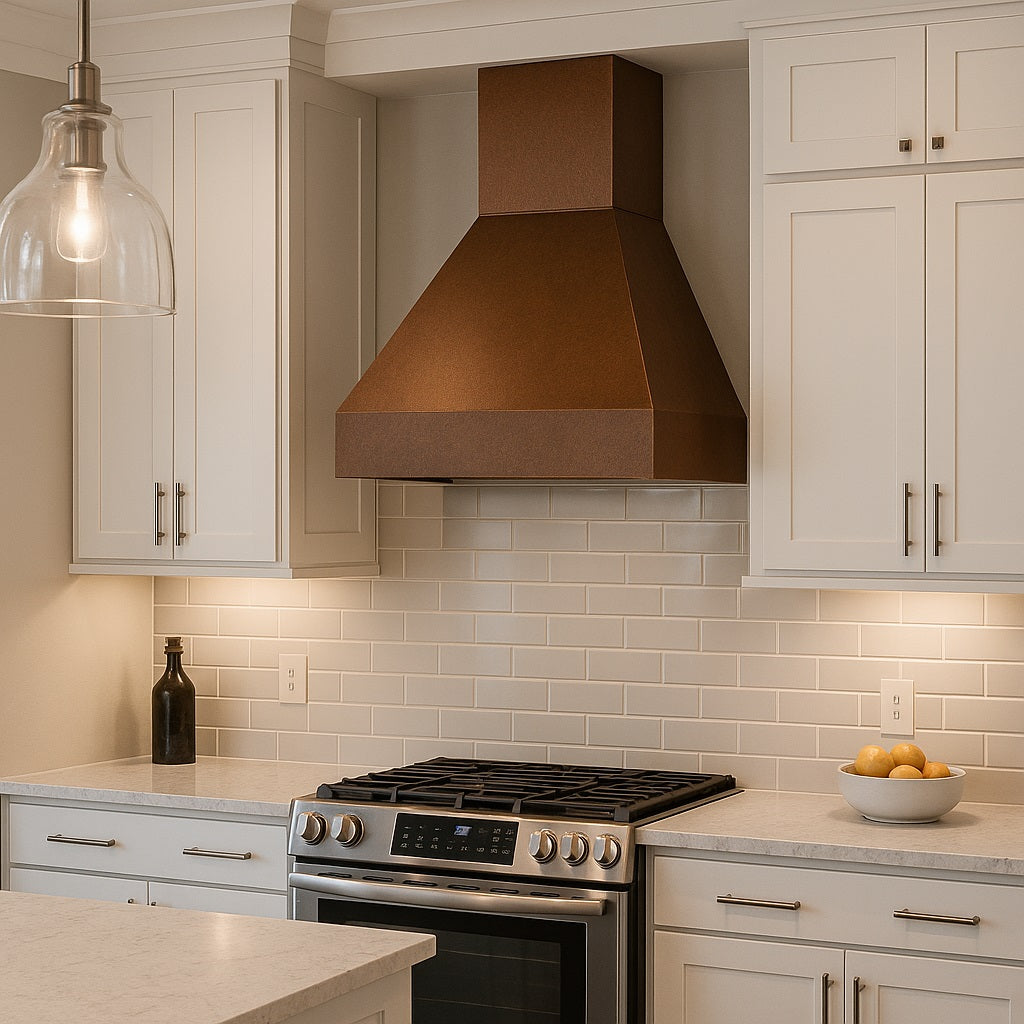 Hammered copper range hood with trapezoid shape in a transitional kitchen design