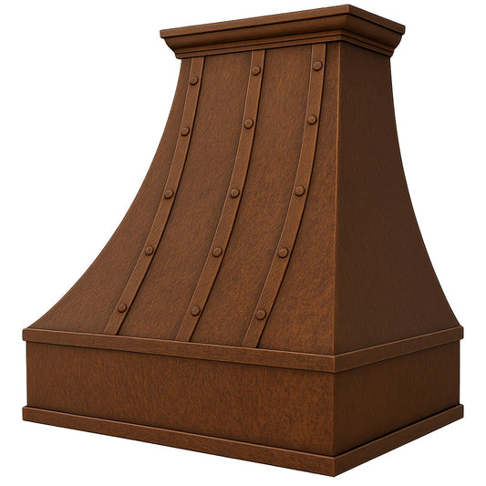 Hammered copper range hood with vertical riveted straps, detailed view