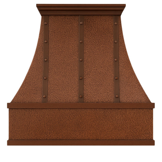 Hammered copper range hood with vertical riveted straps seen from the front