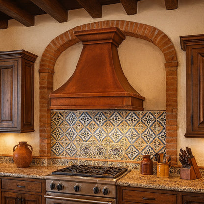Hammered hacienda copper range hood with bold apron in a kitchen with Mexican tiles