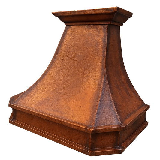 Hammered hacienda copper range hood with bold apron side view