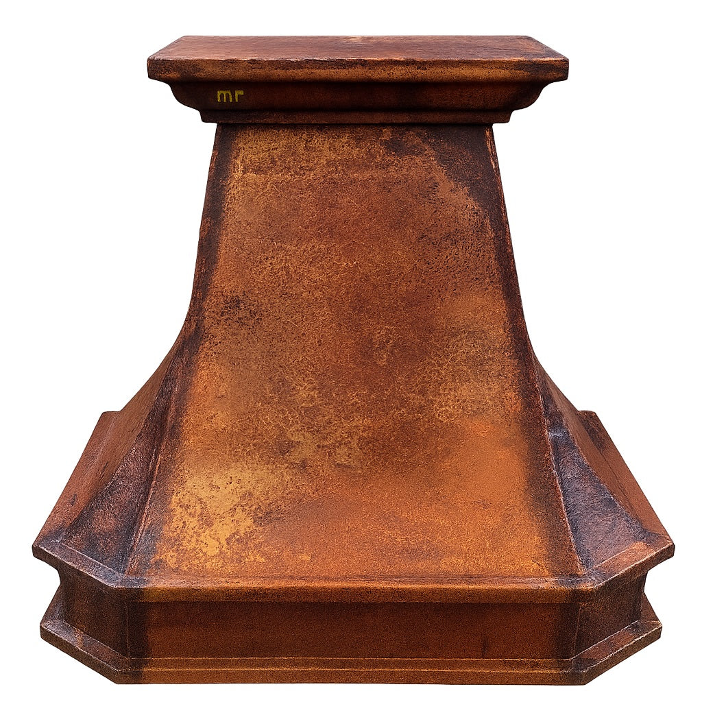 Hammered hacienda copper range hood with bold apron front view