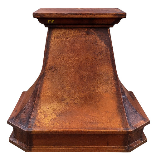 Hammered hacienda copper range hood with bold apron front view