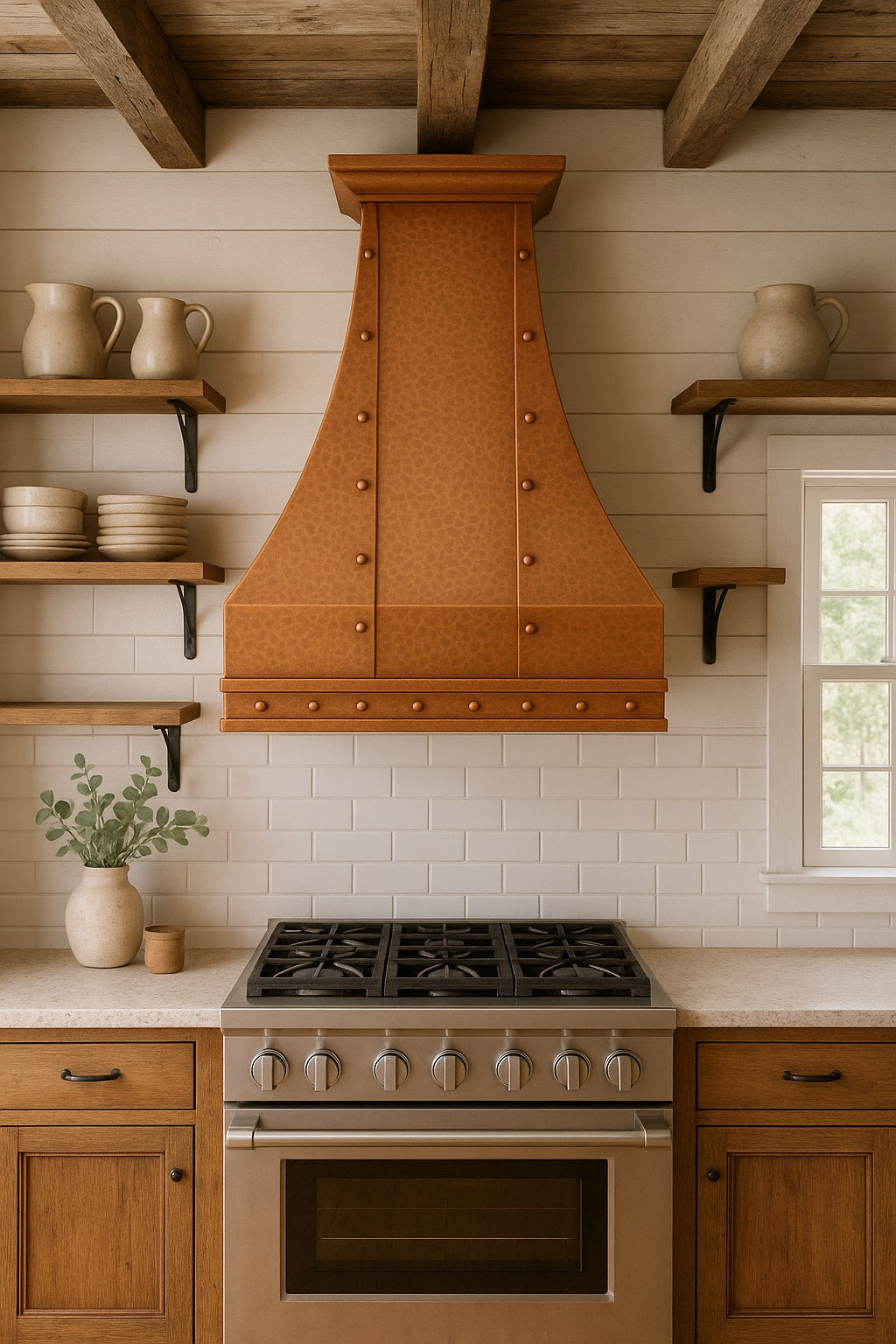 Hammered hacienda copper range hood with rivets and straps in a California house kitchen