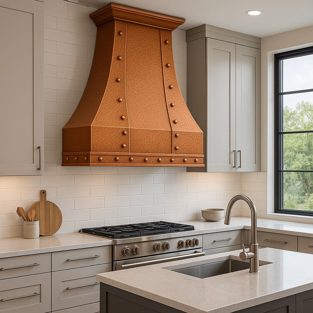 Hammered hacienda copper range hood with rivets and straps in a modern kitchen