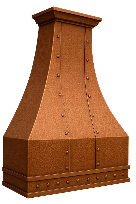 Hammered hacienda copper range hood with rivets and straps seen from the side