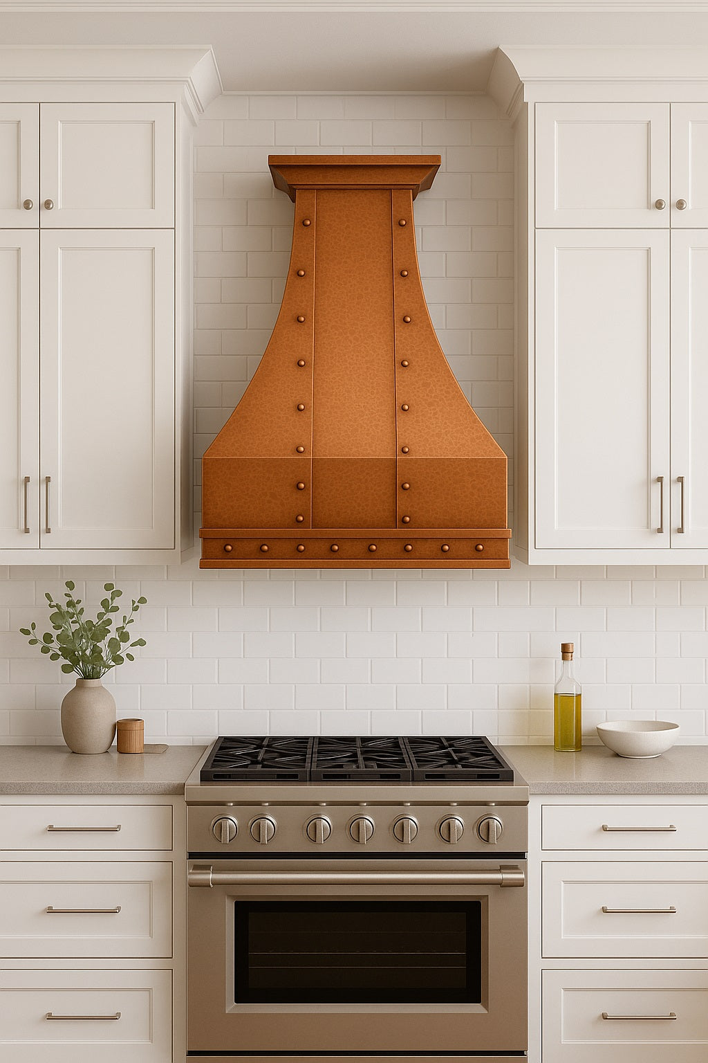 Hammered hacienda copper range hood with rivets and straps in a transitional kitchen