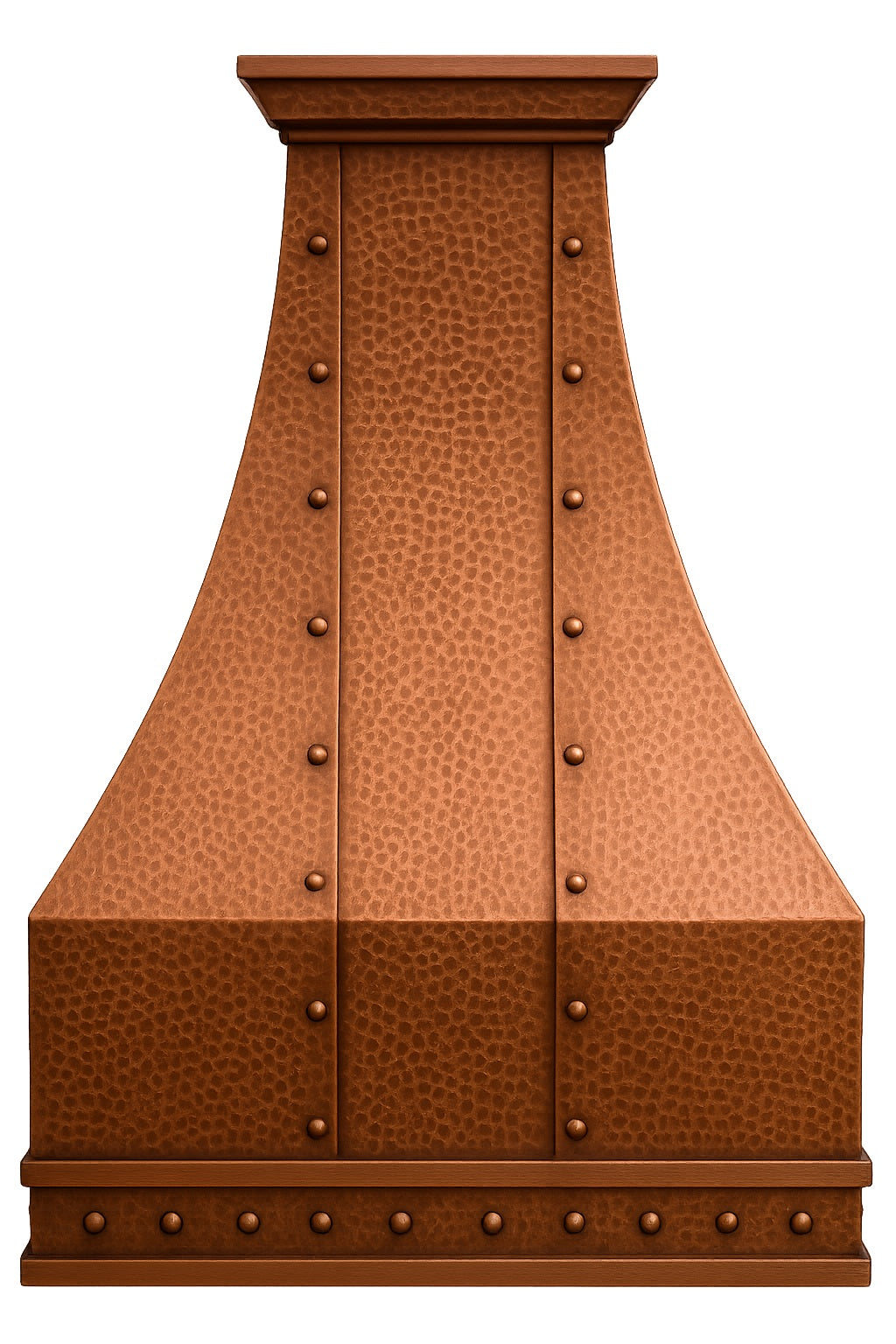 Hammered hacienda copper range hood with rivets and straps view from the front