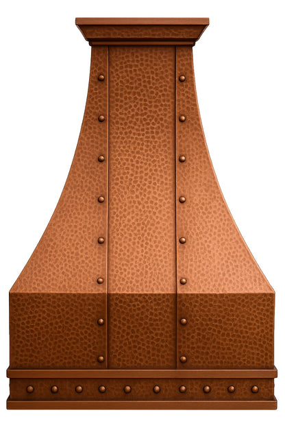 Hammered hacienda copper range hood with rivets and straps view from the front
