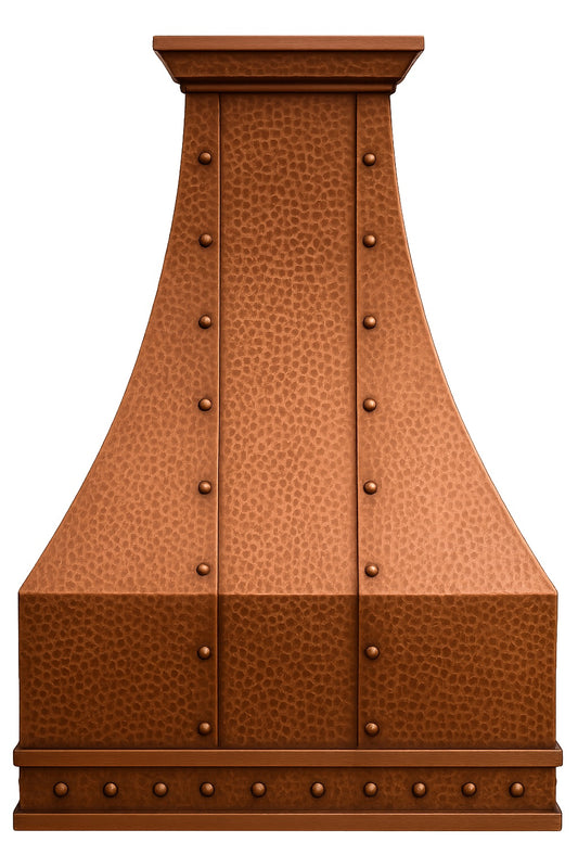 Hammered hacienda copper range hood with rivets and straps view from the front