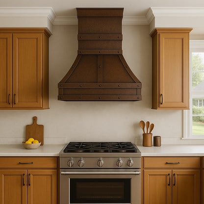 Industrial arched dome copper range hood with rectangular chimney 30-inch