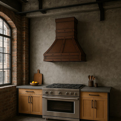 Industrial arched dome copper range hood with rectangular chimney, 36-inch
