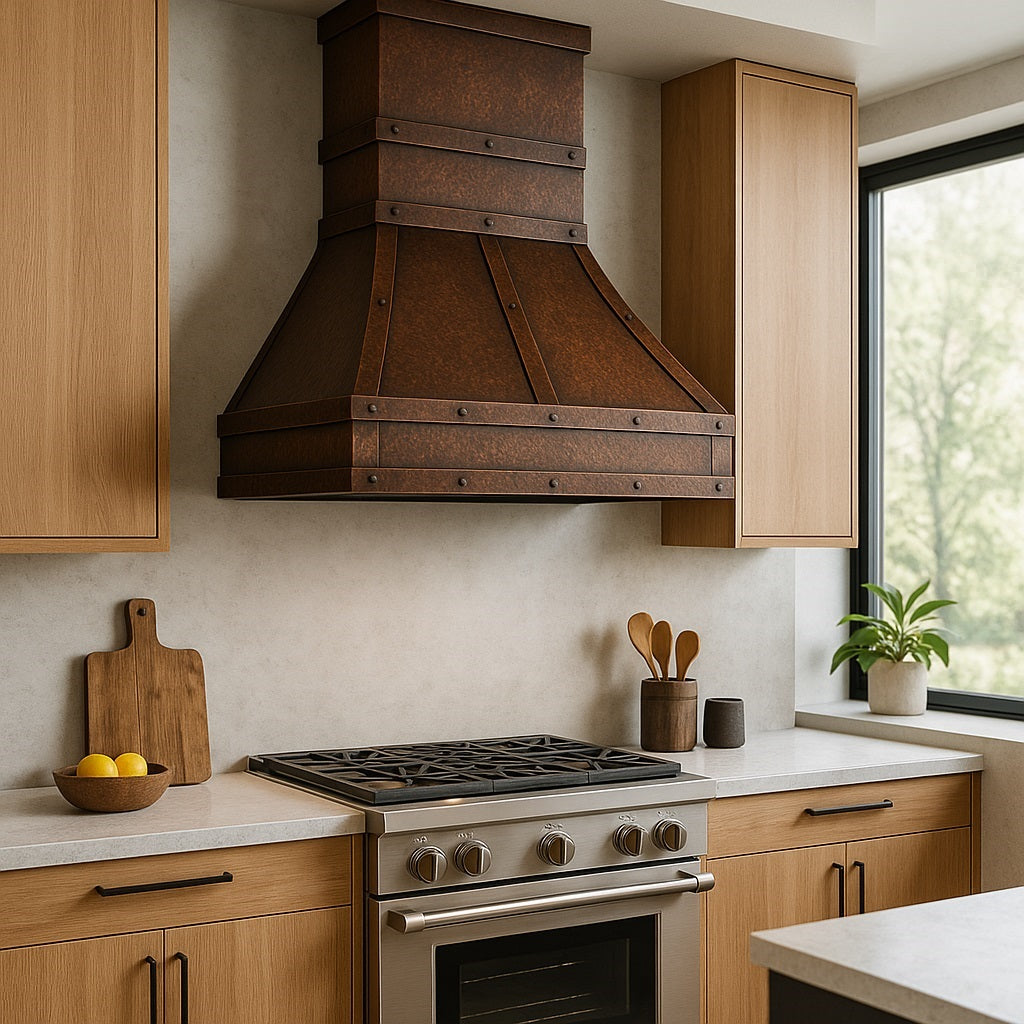 Industrial arched dome copper range hood with rectangular chimney 42-inch