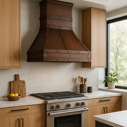 Industrial arched dome copper range hood with rectangular chimney 42-inch