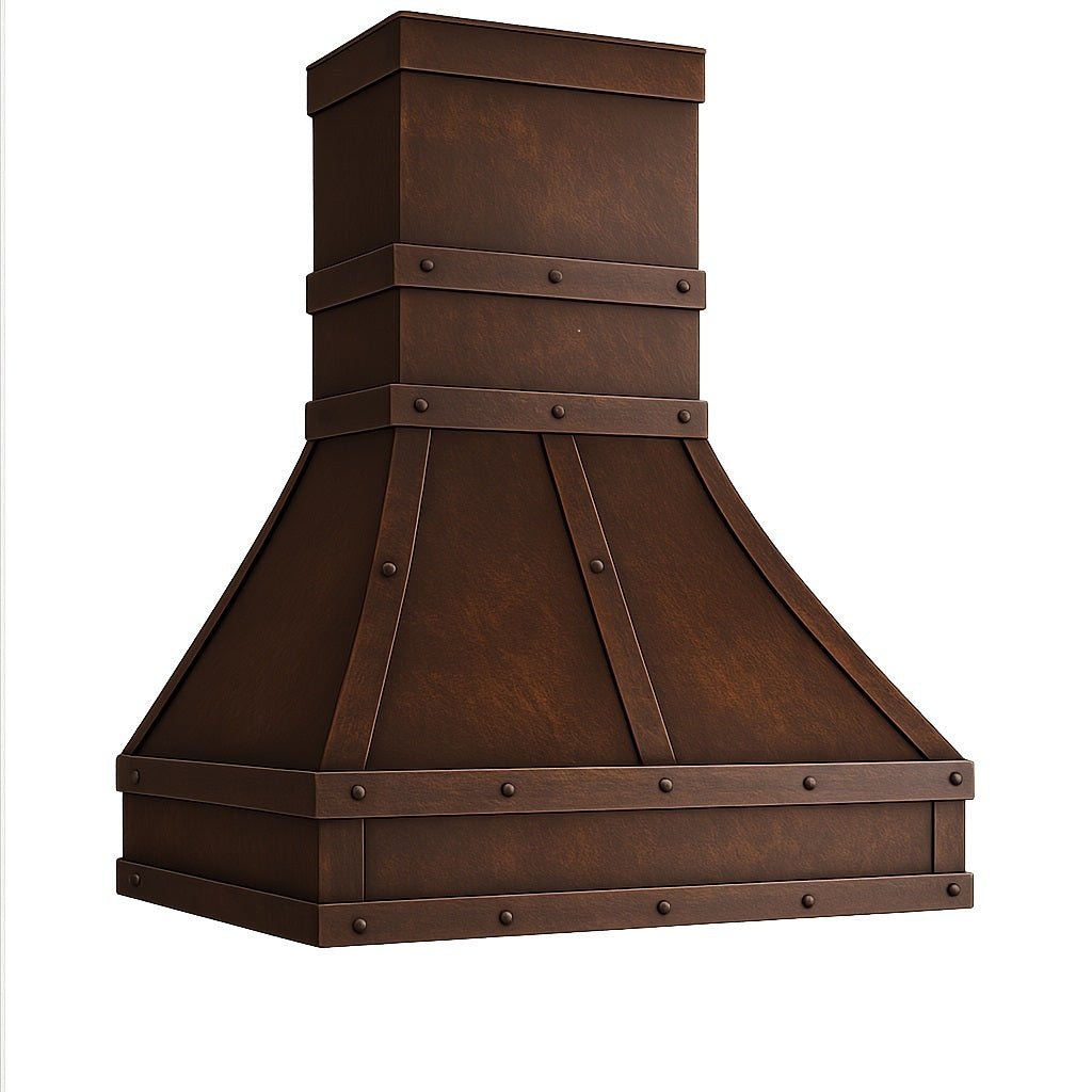 Industrial arched dome copper range hood with rectangular chimney, side view