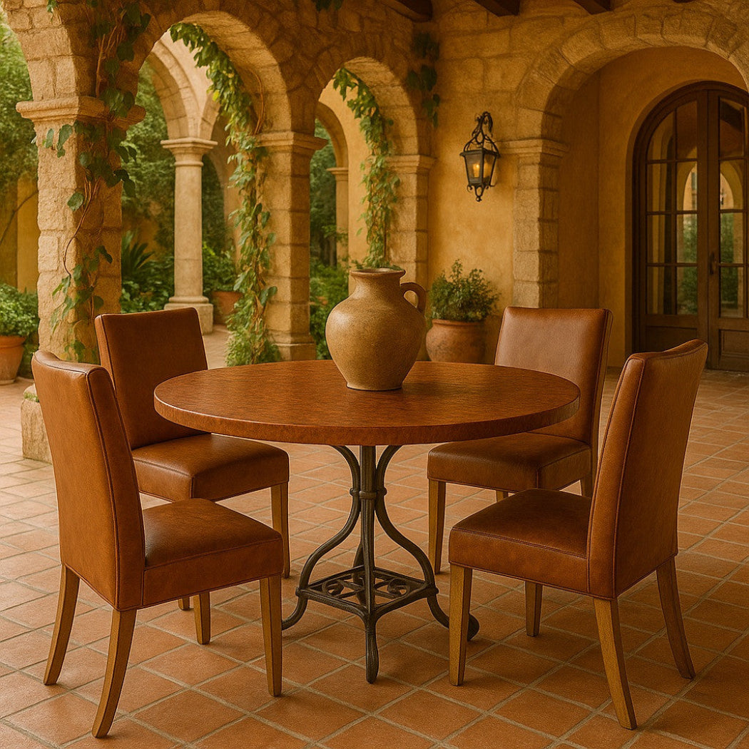 Round copper table with four brown chairs in a sunlit Italian style outdoor setting with stone arches and plants.