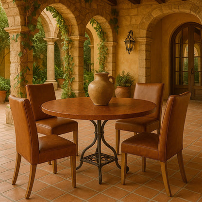 Round copper table with four brown chairs in a sunlit Italian style outdoor setting with stone arches and plants.