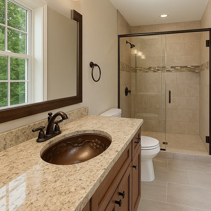 Large oval hammered copper drop-in bathroom sink with decorative relief