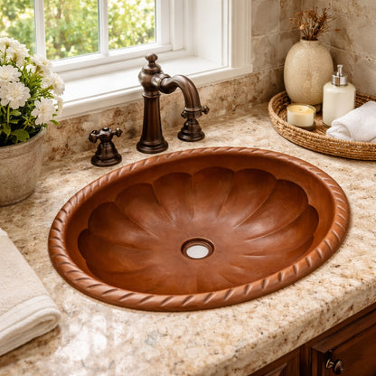 Large custom oval copper drop-in  undermount bathroom sink with scalloped basin and rope rim