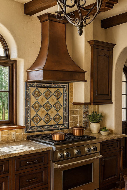 Mexican hacienda style smooth copper range hood 36-inch in a Mexican style kitchen with talavera backspalsh tiles