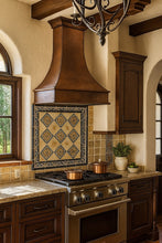 Mexican hacienda style smooth copper range hood 36-inch in a Mexican style kitchen with talavera backspalsh tiles