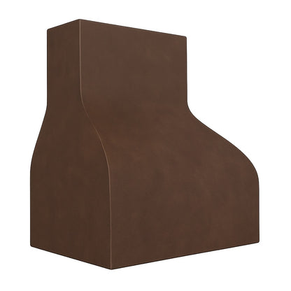 Minimalist curved copper range hood with smooth patina finish, view from angle demonstrating nicely curving style design
