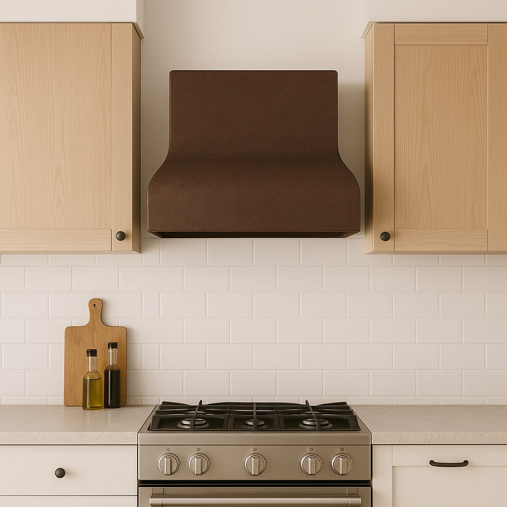 Minimalist curved copper range hood with smooth patina finish in a modern European style kitchen setting