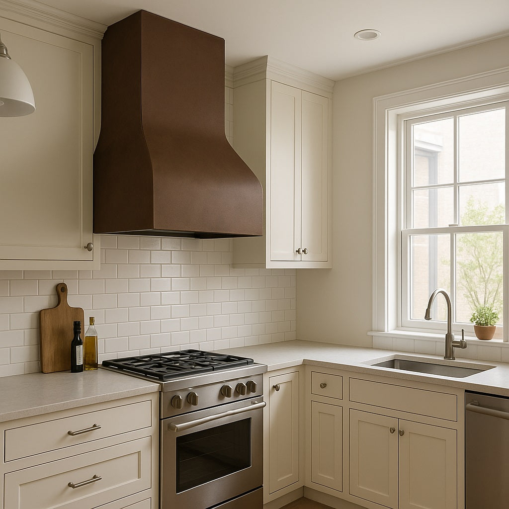 Minimalist curved copper range hood with smooth patina finish installed in a typical American apartment kitchen