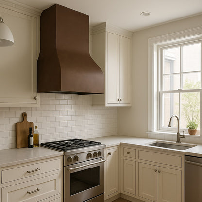 Minimalist curved copper range hood with smooth patina finish installed in a typical American apartment kitchen