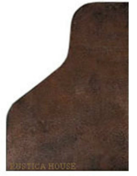 Minimalist curved copper range hood with smooth patina finish view from the side showing hood curved profile