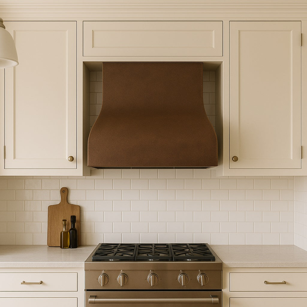 Minimalist curved copper range hood with smooth patina finish in under-cabinet version in a transitional style kitchen