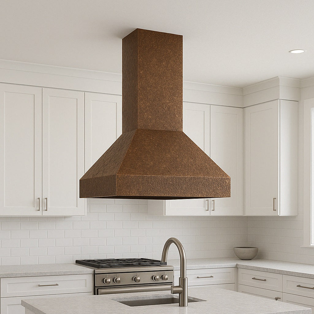 Minimalist hammered copper range hood in a kitchen island configuration