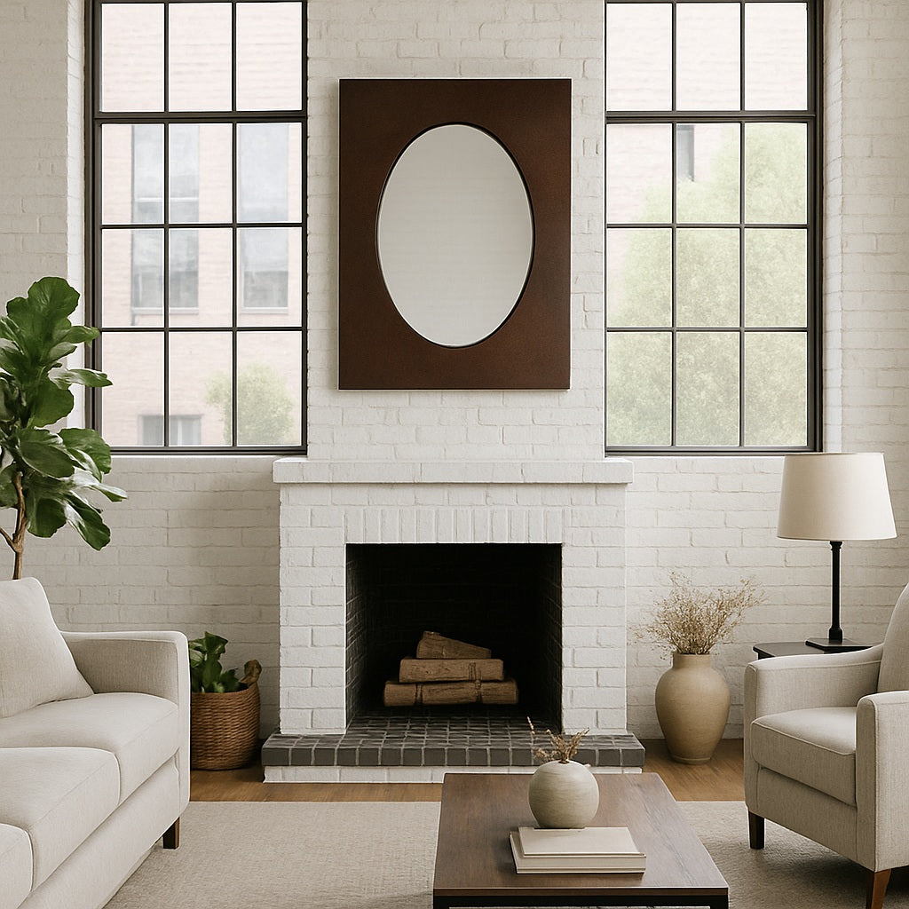Custom rectangular copper mirror with oval center in a modern interiors