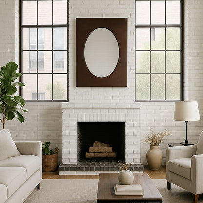 Custom rectangular copper mirror with oval center in a modern interiors