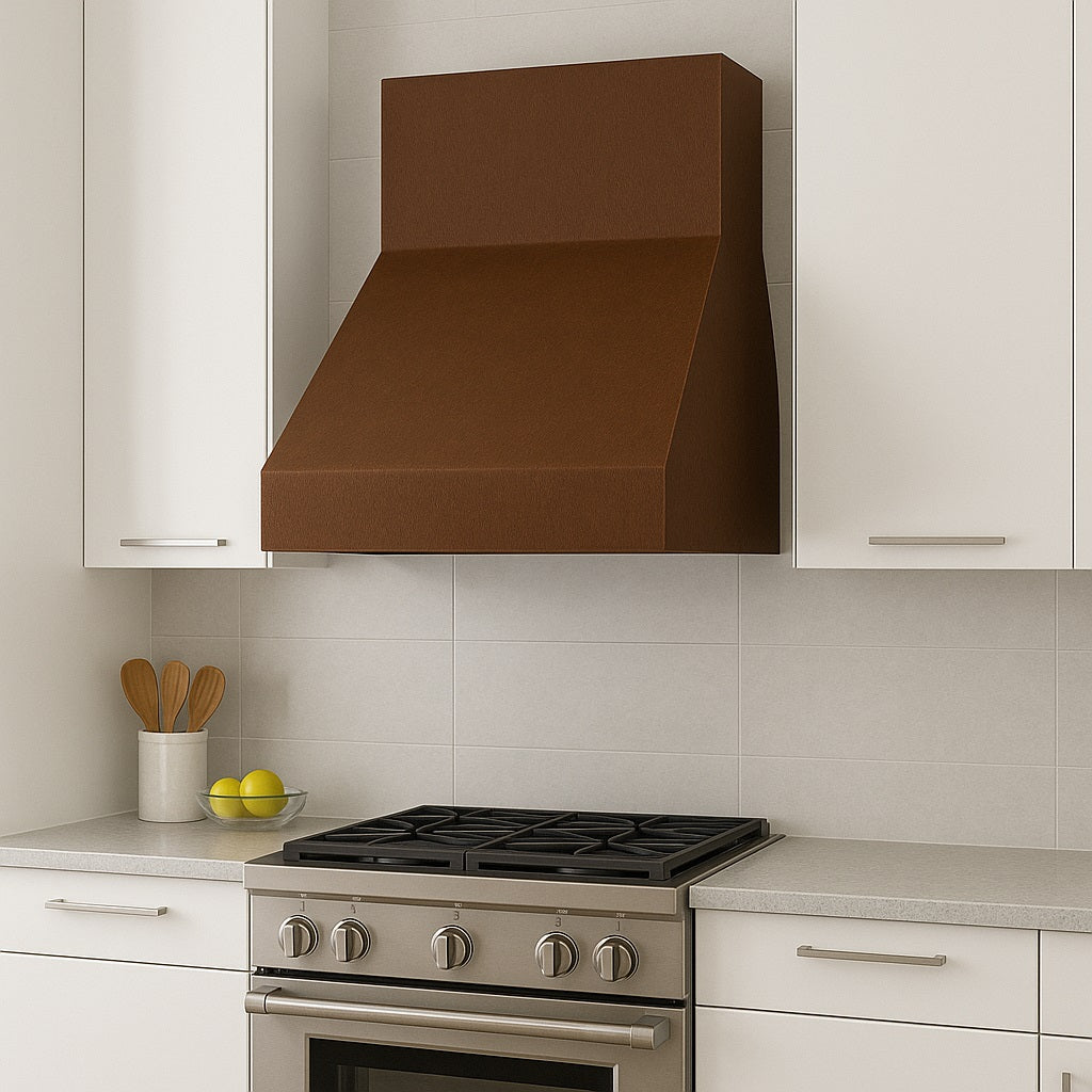 Modern copper range hood in a kitchen setting