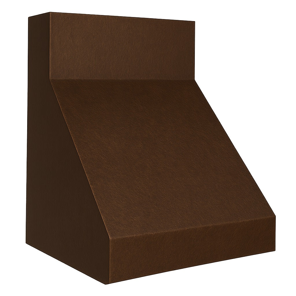 Modern slant front copper range hood, view from the side