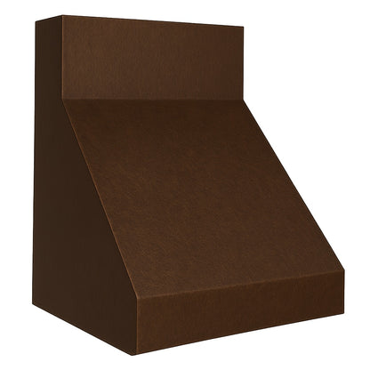 Modern slant front copper range hood, view from the side