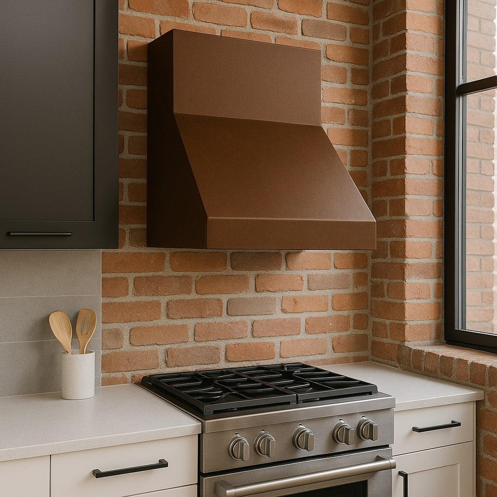 Modern slant front copper range hood in wall mount version in a Soho style loft kitchen