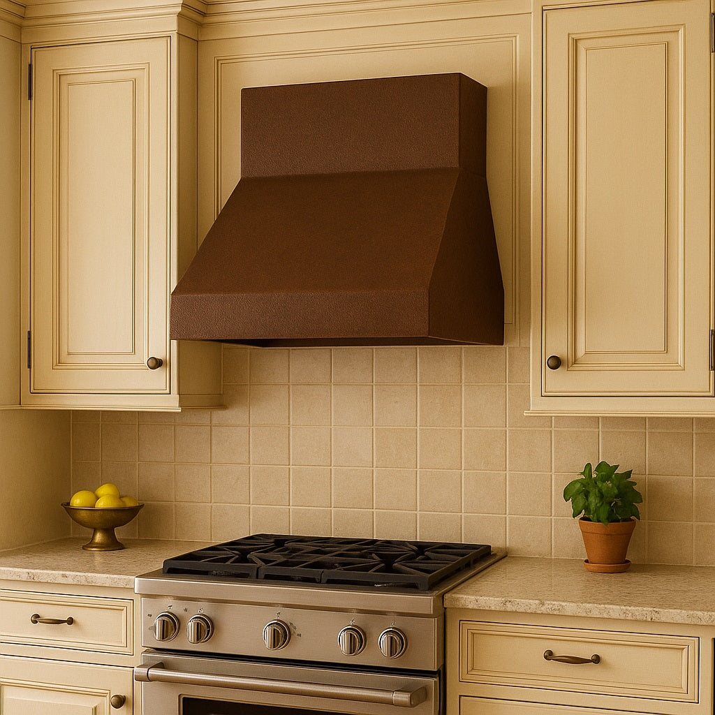 Modern slant front copper range hood 42-inch in a transitional kitchen setting